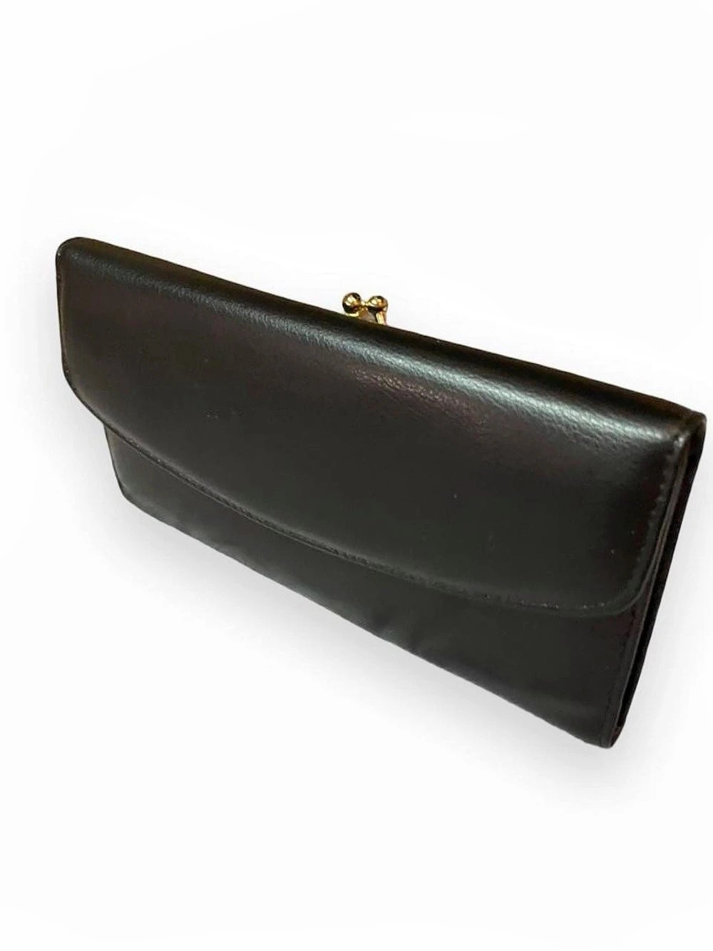 Vintage Buxton Wallet Black Leather with gold tone kiss clasp